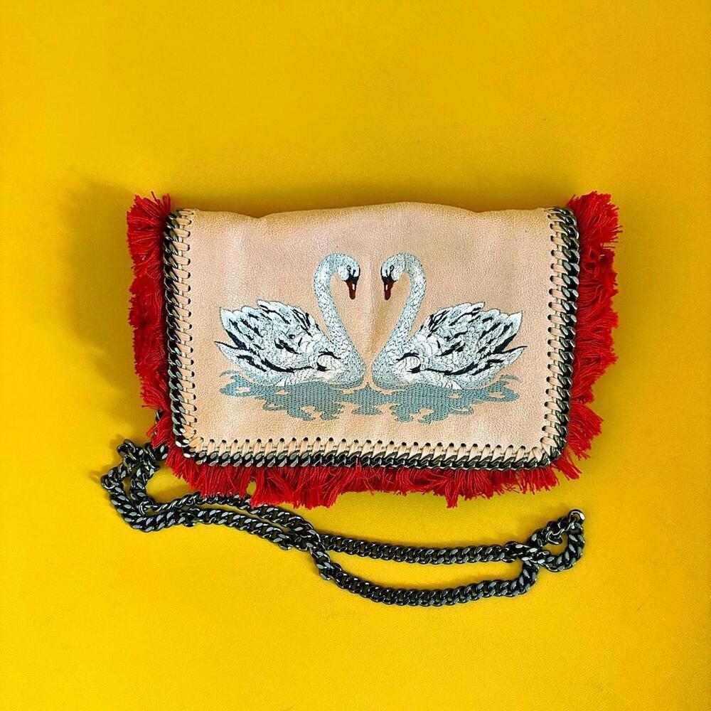 Rare Stella McCartney swan embroidered Falabella crossbody (shaggy deer fabric)